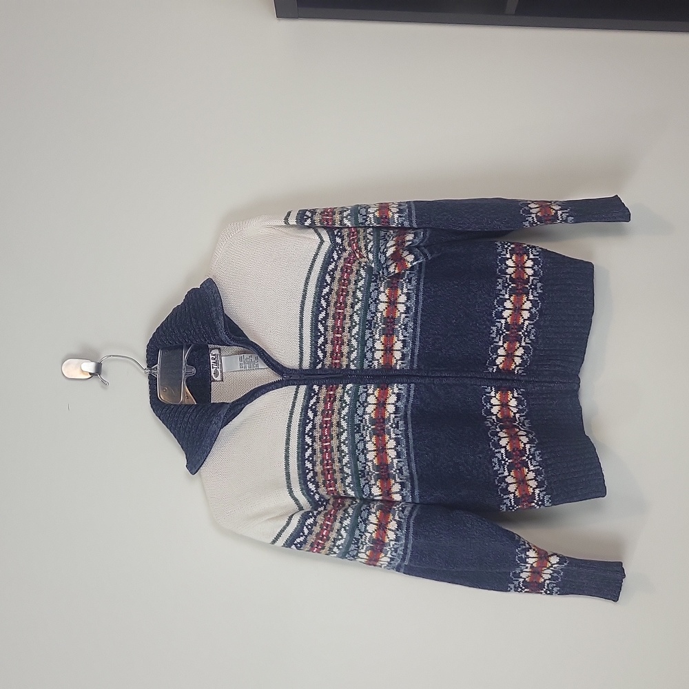 Vintage TIARA INTERNATIONAL Blue White Fair Isle Ramie Cotton Zip Cardigan